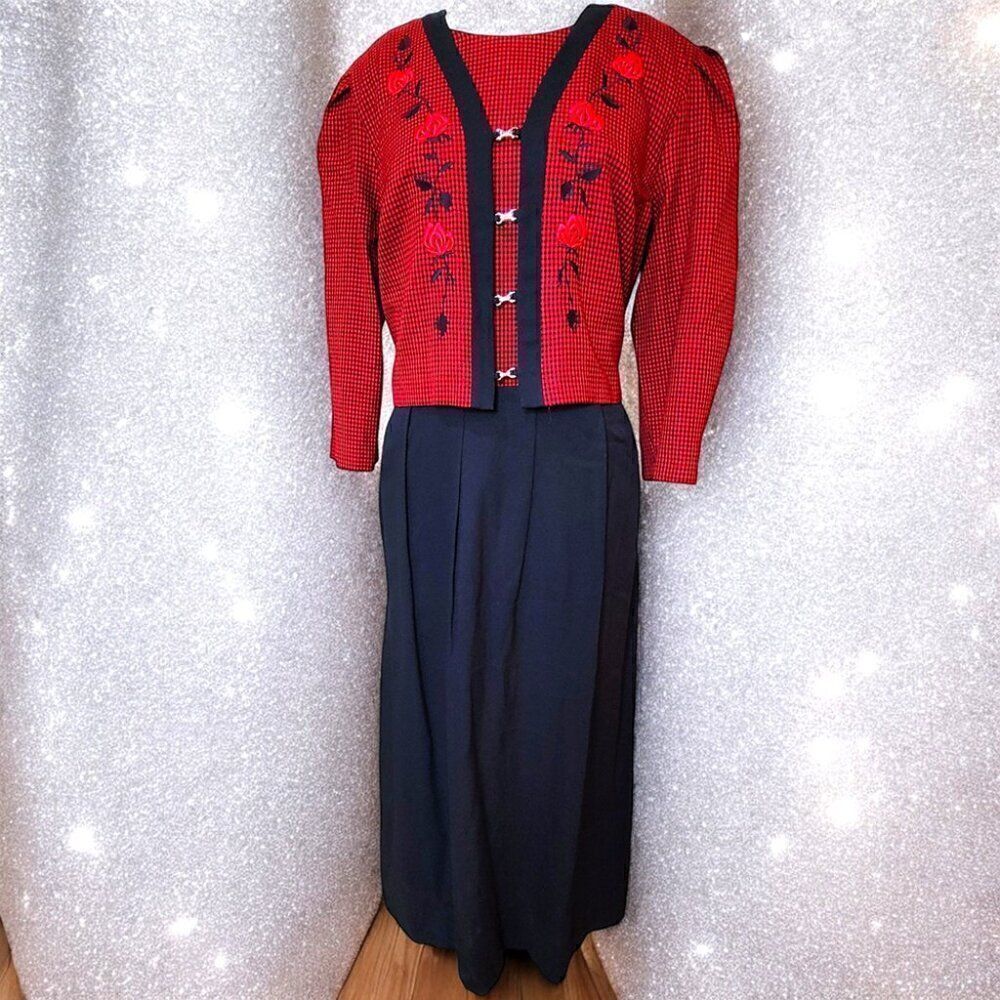 Ms Dorby red black houndstooth embroidered roses long dress